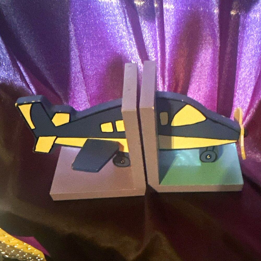 Hand Painted Wood Airplane Bookends Set 2 Blue Green Boy Nursery Aviation Heavy